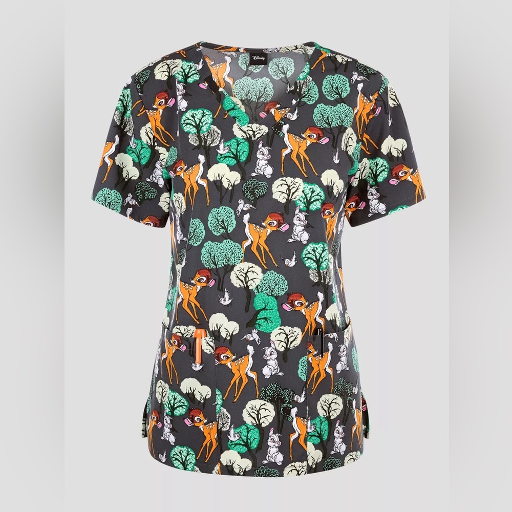 Disney nwt Bambi size XS Scrubs Tooniforms V Neck Top Forest Royalty 2-Pocket